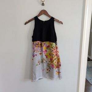 Women's Silk Single Dress XS Shift Black Floral Polka Dot